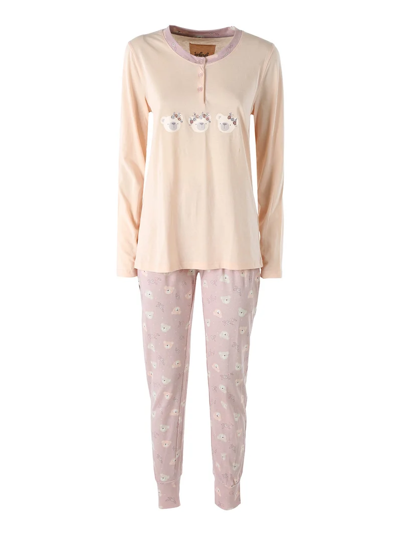 HONEY Pigiama lungo da donna in cotone con stampe - rosa
