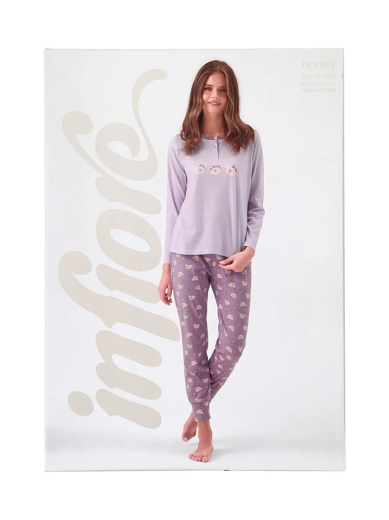 HONEY Pigiama lungo da donna in cotone con stampe - rosa