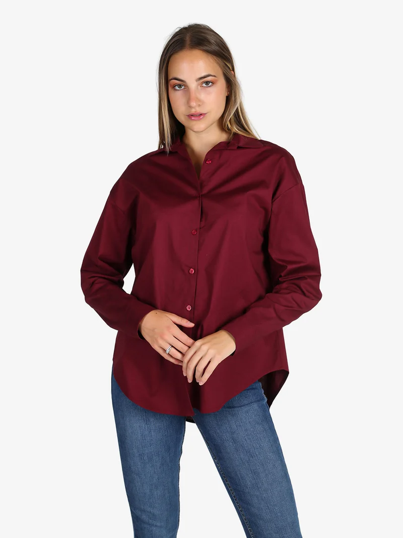 Camicia donna in cotone oversize a maniche lunghe - bordeaux