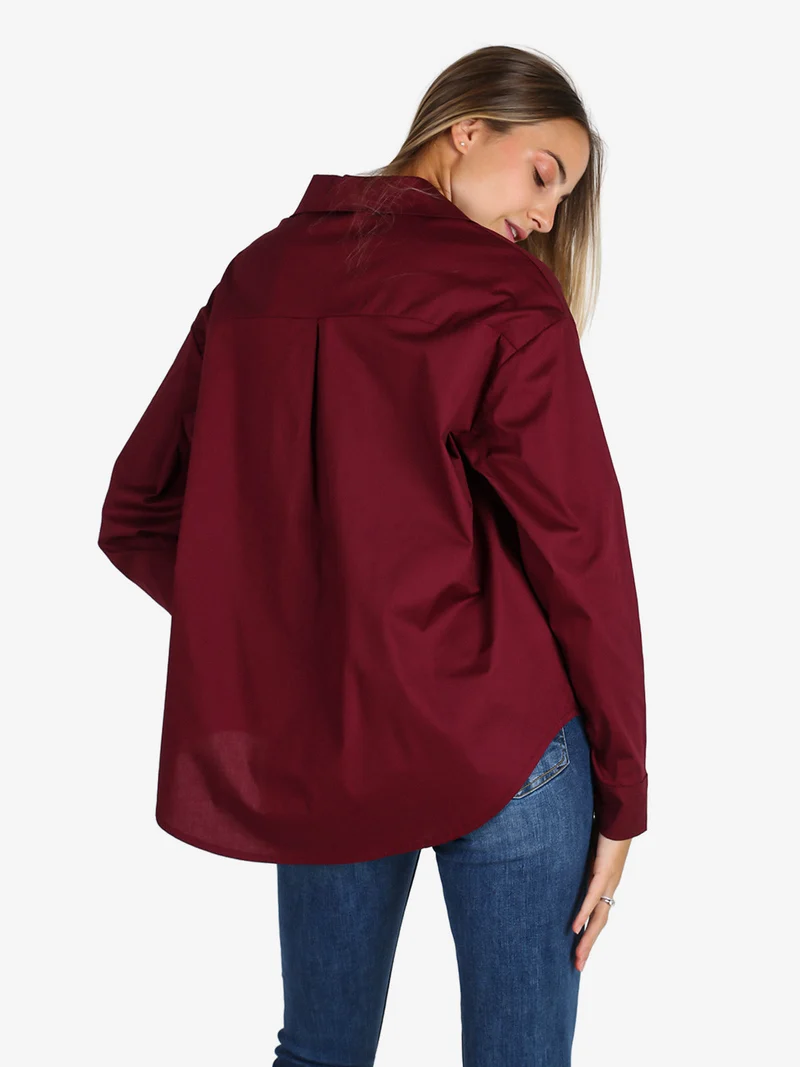 Camicia donna in cotone oversize a maniche lunghe - bordeaux