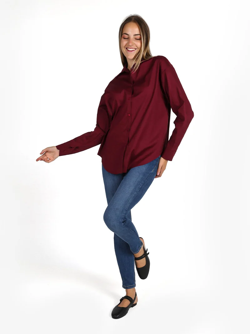 Camicia donna in cotone oversize a maniche lunghe - bordeaux