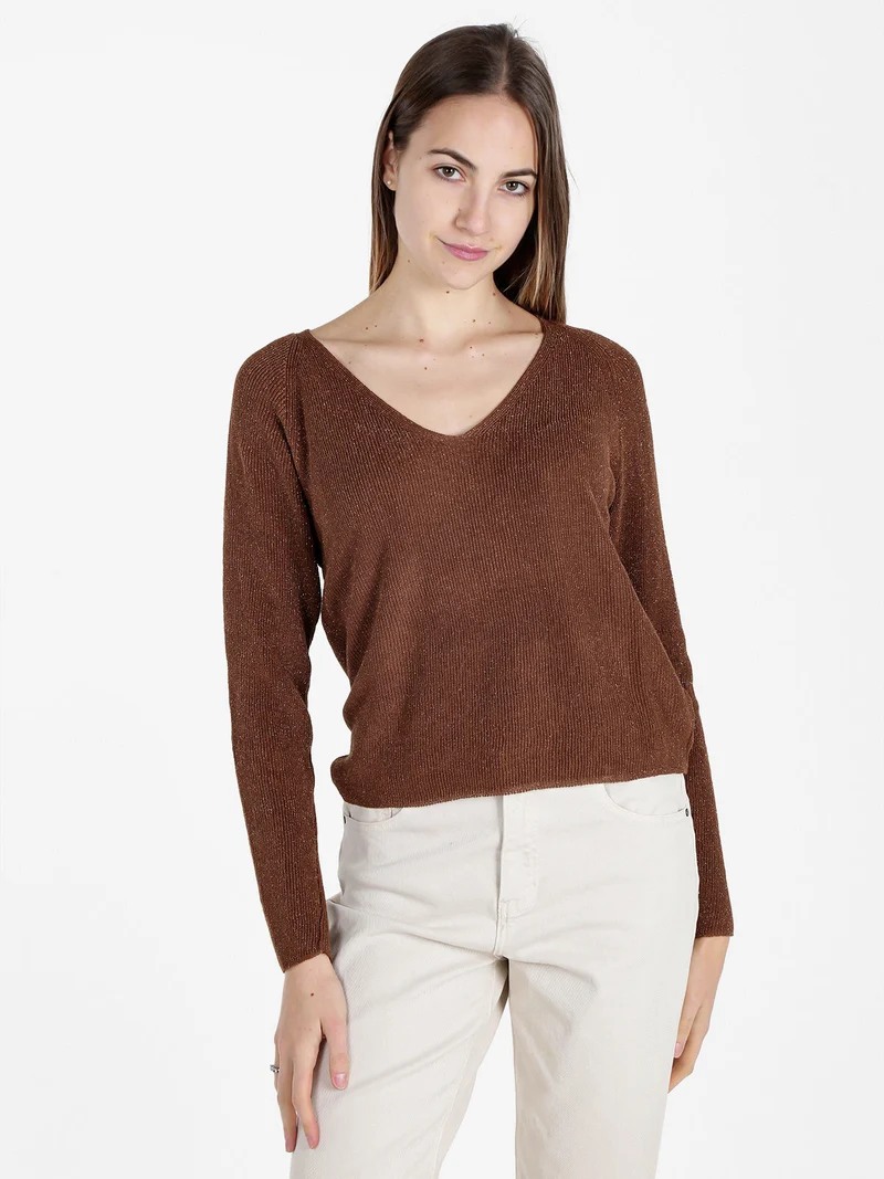 Pullover donna in lurex con scollo a V - marrone