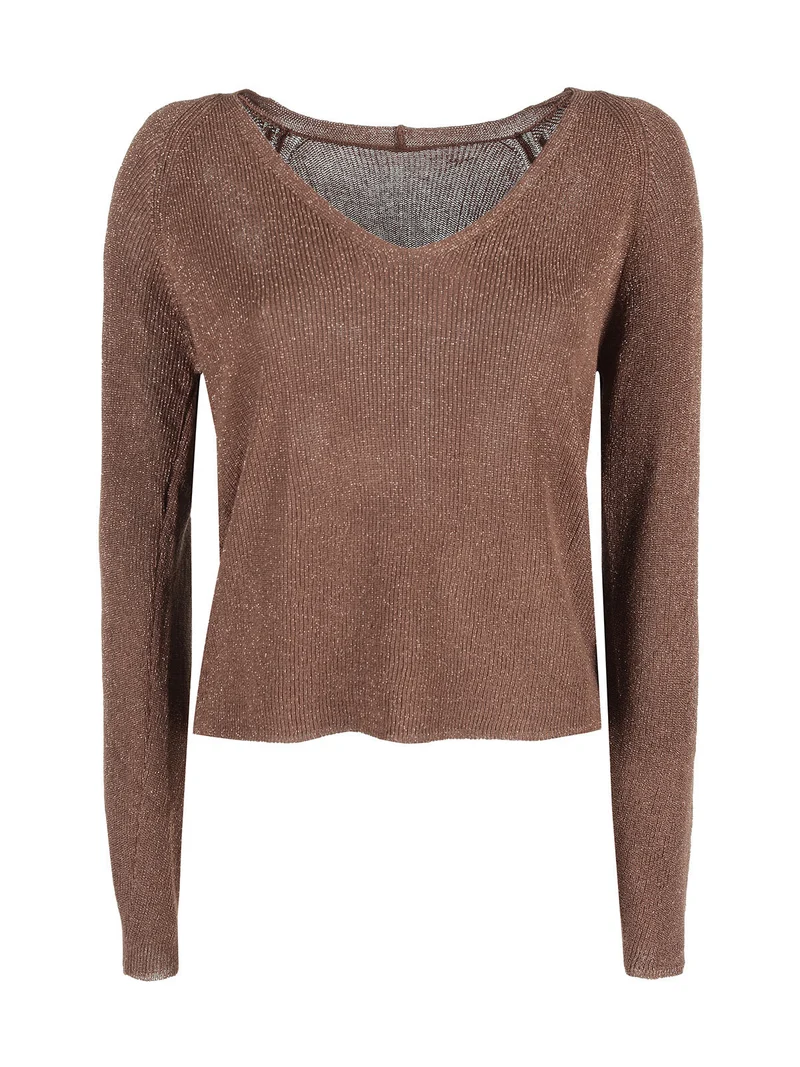 Pullover donna in lurex con scollo a V - marrone