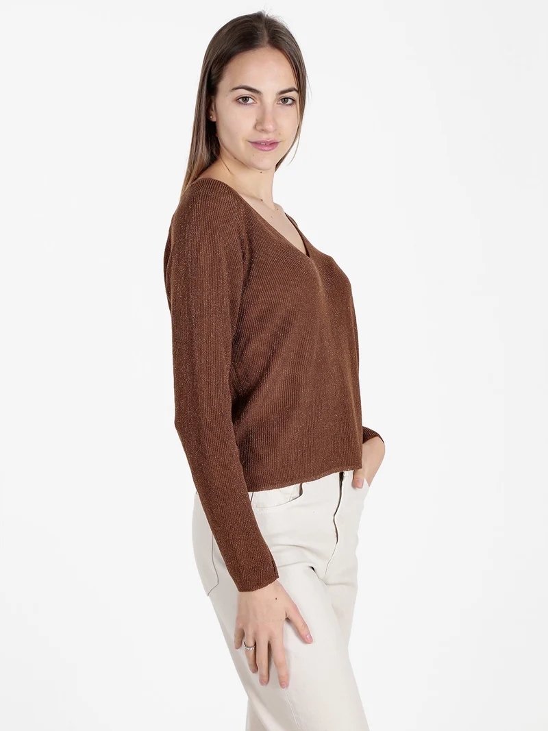 Pullover donna in lurex con scollo a V - marrone