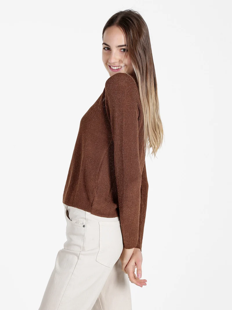 Pullover donna in lurex con scollo a V - marrone