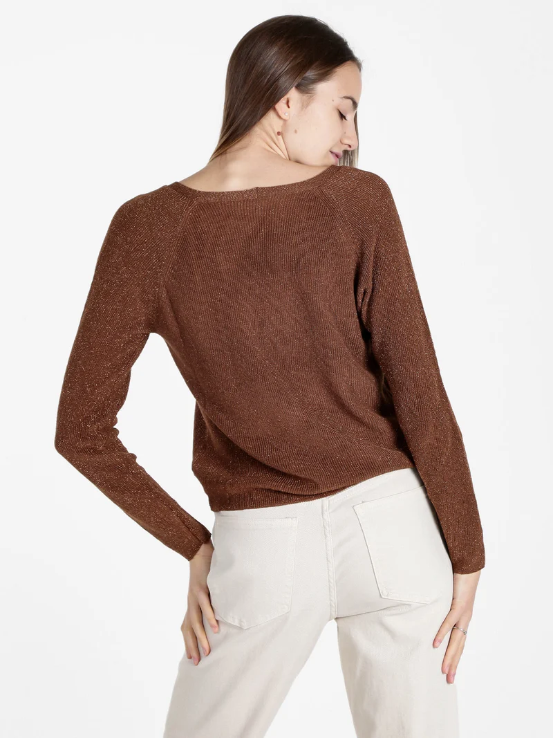 Pullover donna in lurex con scollo a V - marrone