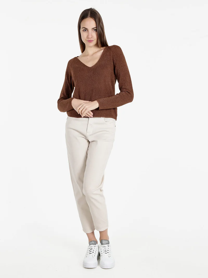 Pullover donna in lurex con scollo a V - marrone