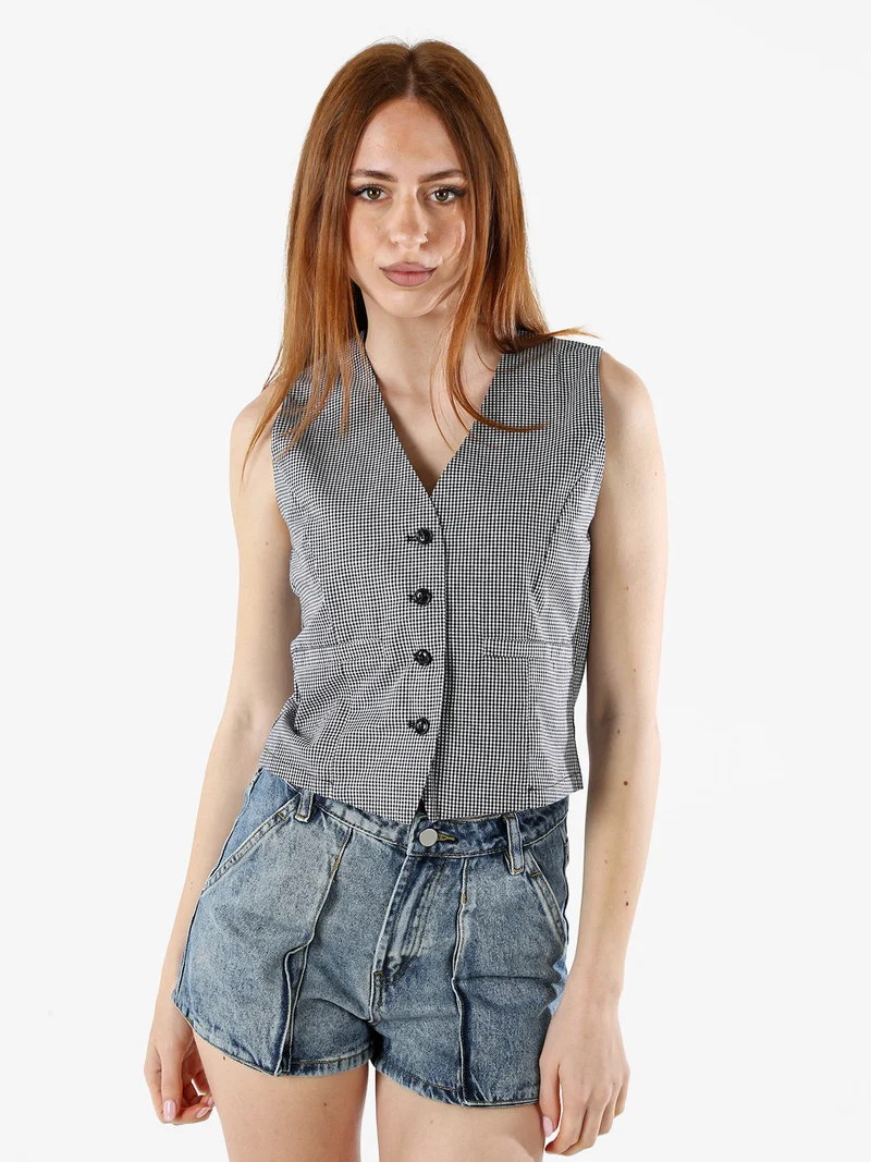 Gilet da donna in cotone con stampa a quadretti - nero
