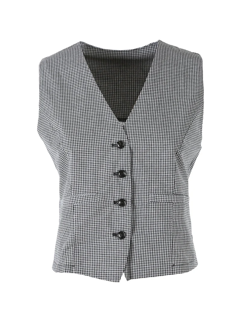 Gilet da donna in cotone con stampa a quadretti - nero