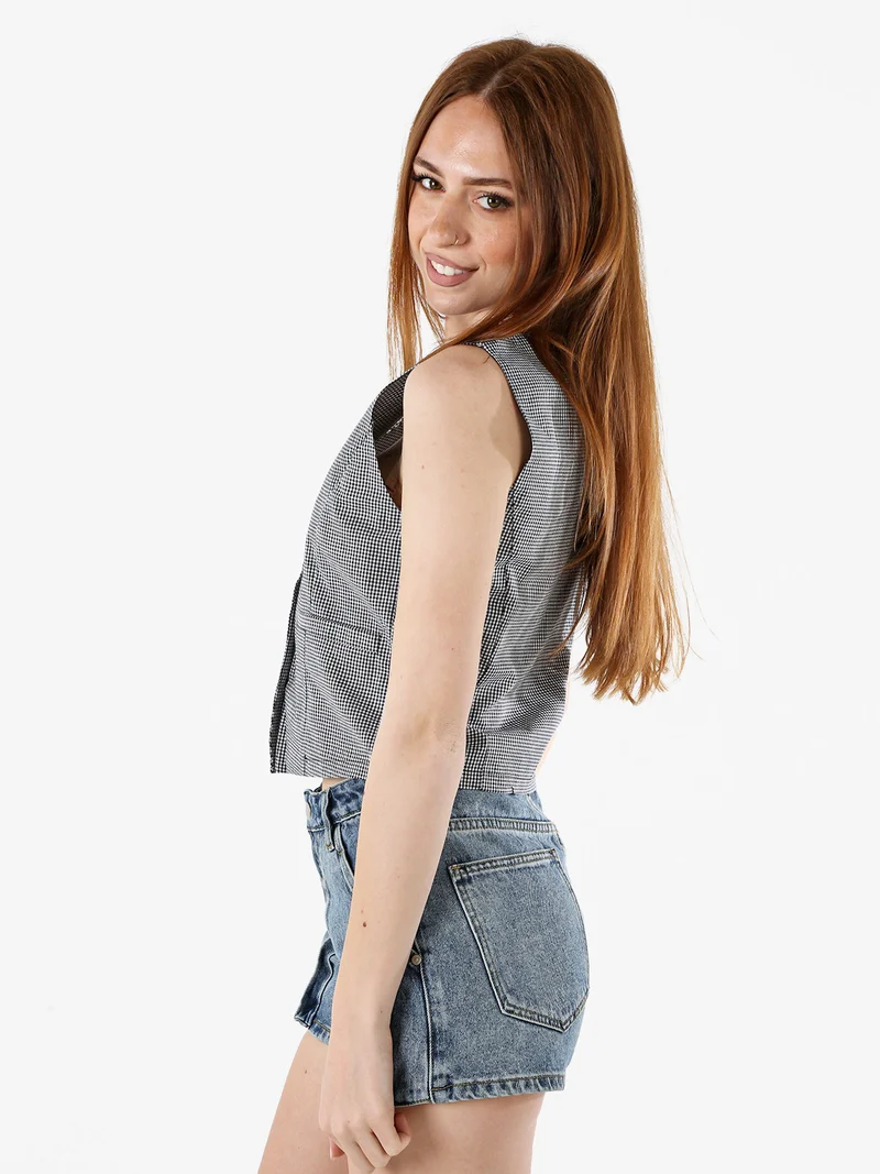 Gilet da donna in cotone con stampa a quadretti - nero