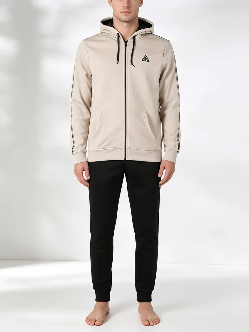 Completo tuta da uomo full zip con cappuccio e interno felpato - naturale