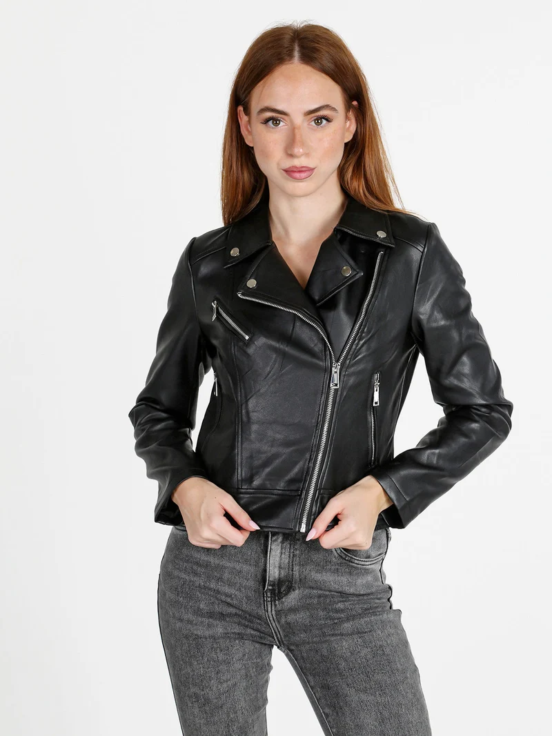 Giacca donna biker in ecopelle - nero