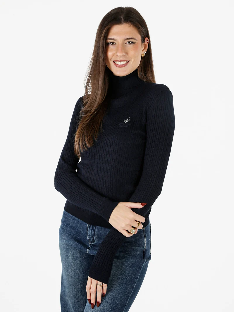 Pullover dolcevita donna in maglia intrecciata - blu scuro