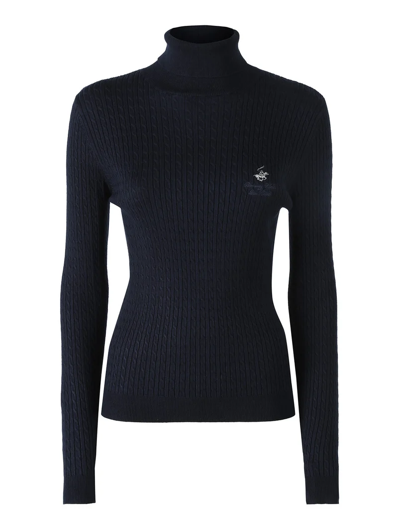 Pullover dolcevita donna in maglia intrecciata - blu scuro