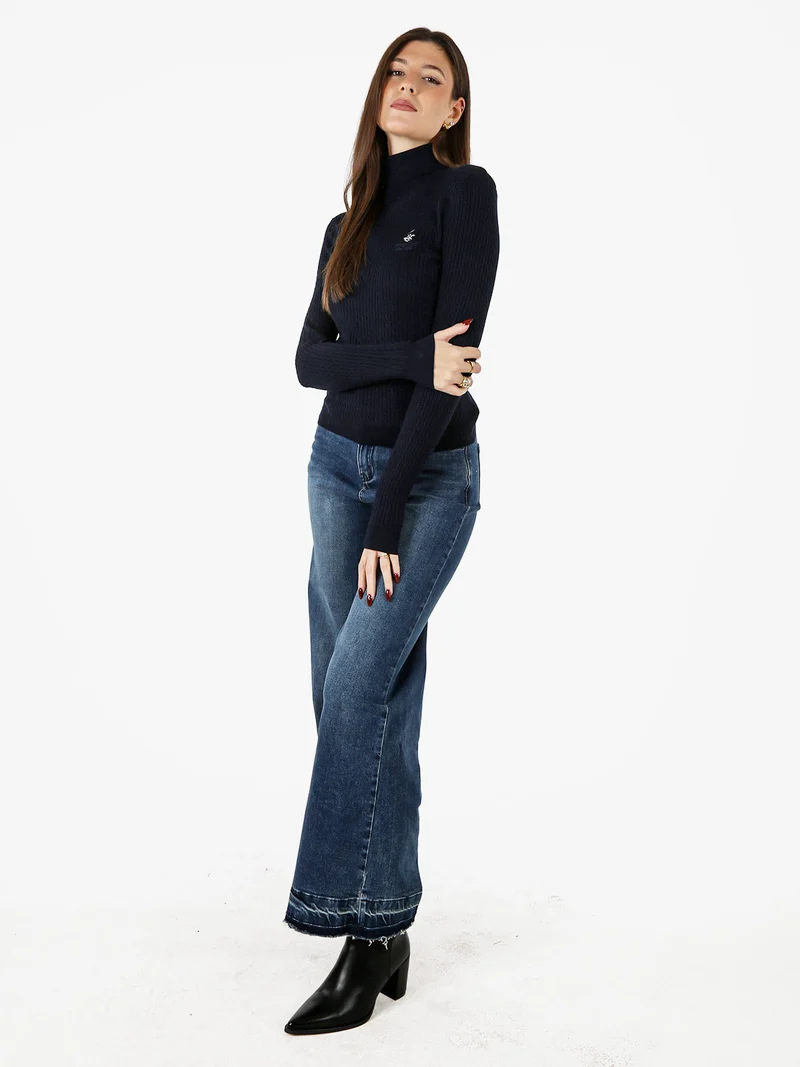 Pullover dolcevita donna in maglia intrecciata - blu scuro