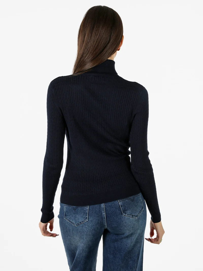 Pullover dolcevita donna in maglia intrecciata - blu scuro