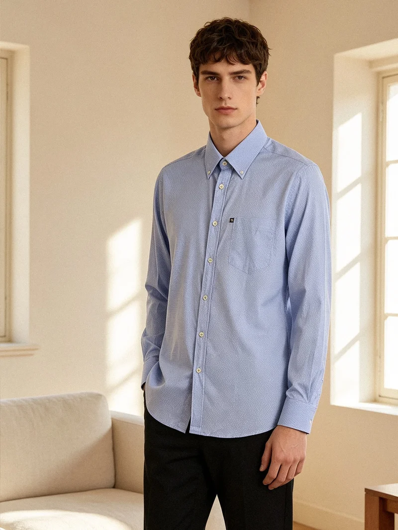 Camicia da uomo in cotone a maniche lunghe con taschino - azzurro