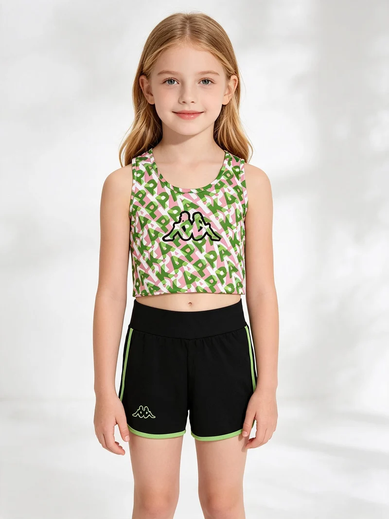 Completo smanicato da ragazza in cotone con canotta cropped e shorts - verde