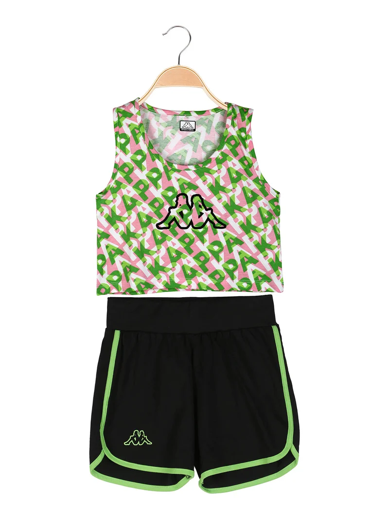 Completo smanicato da ragazza in cotone con canotta cropped e shorts - verde