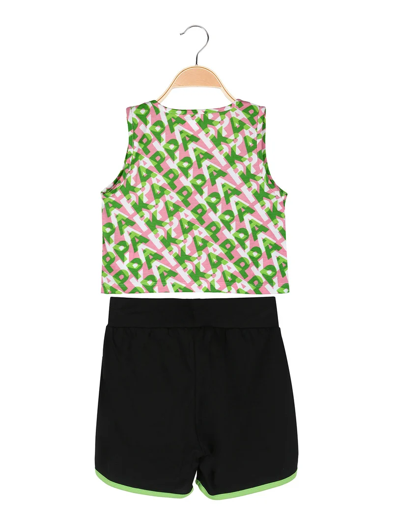 Completo smanicato da ragazza in cotone con canotta cropped e shorts - verde