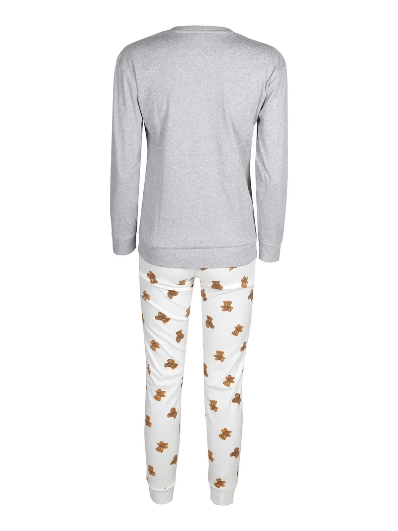 Pigiama lungo da donna in cotone interlock con orsacchiotto - grigio