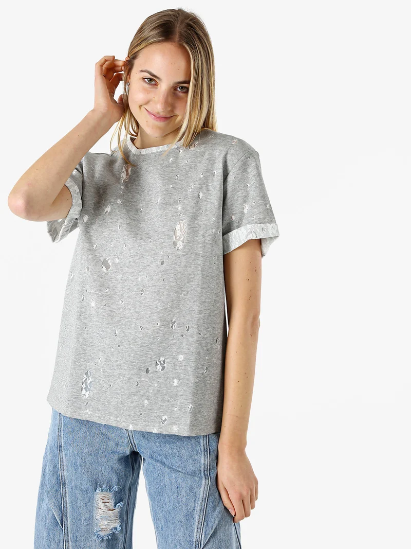 T-shirt donna con dettagli in pizzo - grigio