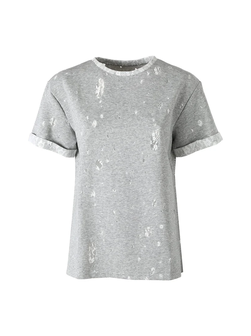 T-shirt donna con dettagli in pizzo - grigio