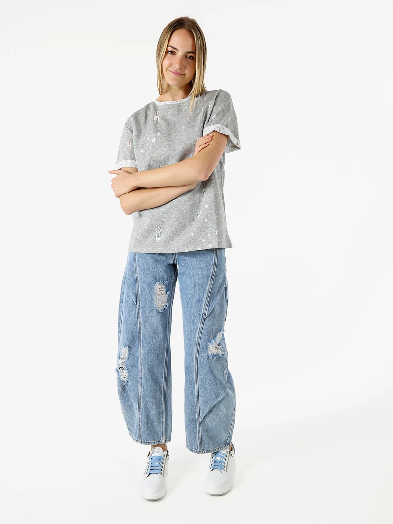 T-shirt donna con dettagli in pizzo - grigio