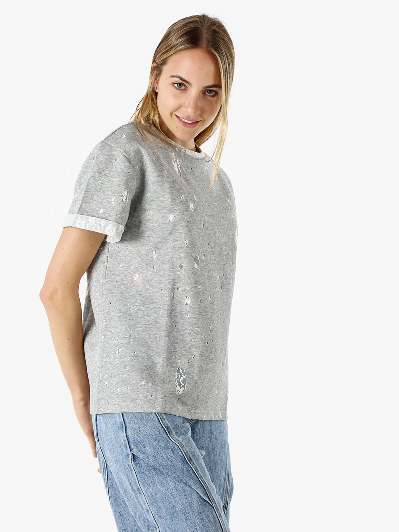 T-shirt donna con dettagli in pizzo - grigio