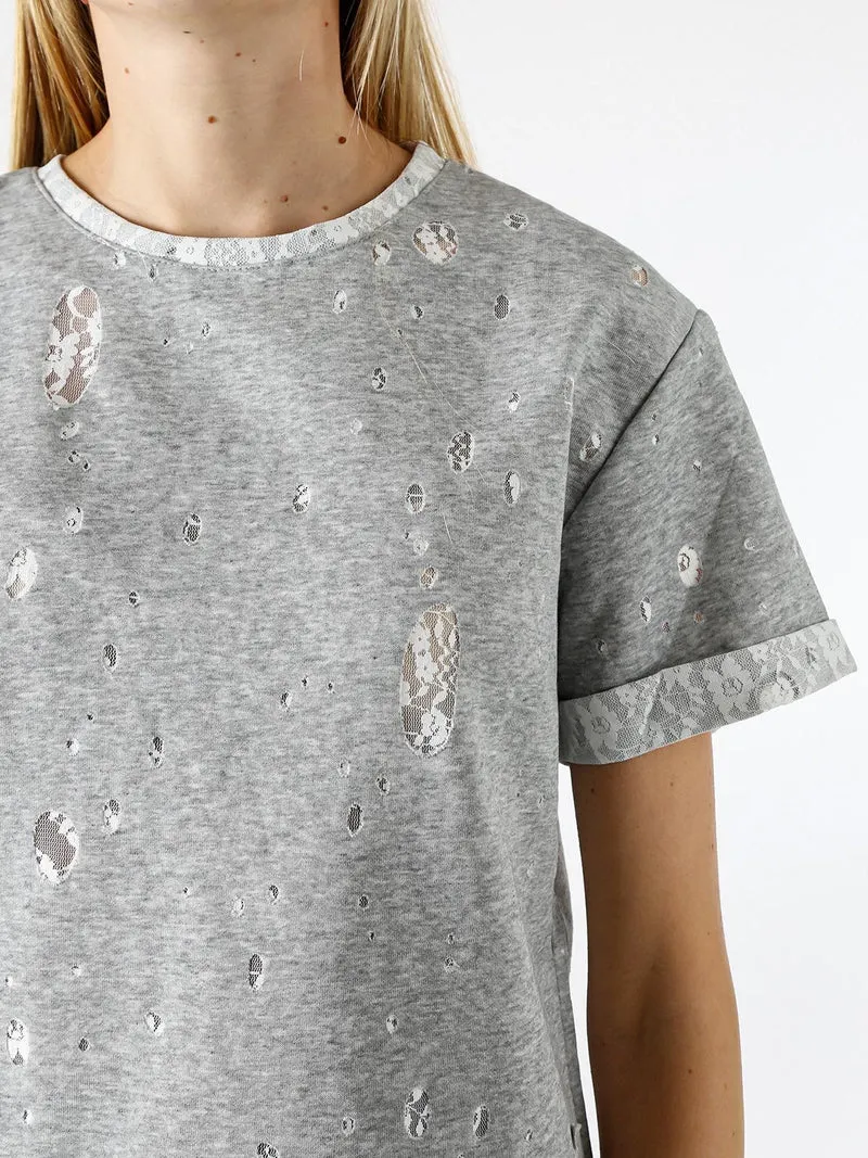 T-shirt donna con dettagli in pizzo - grigio