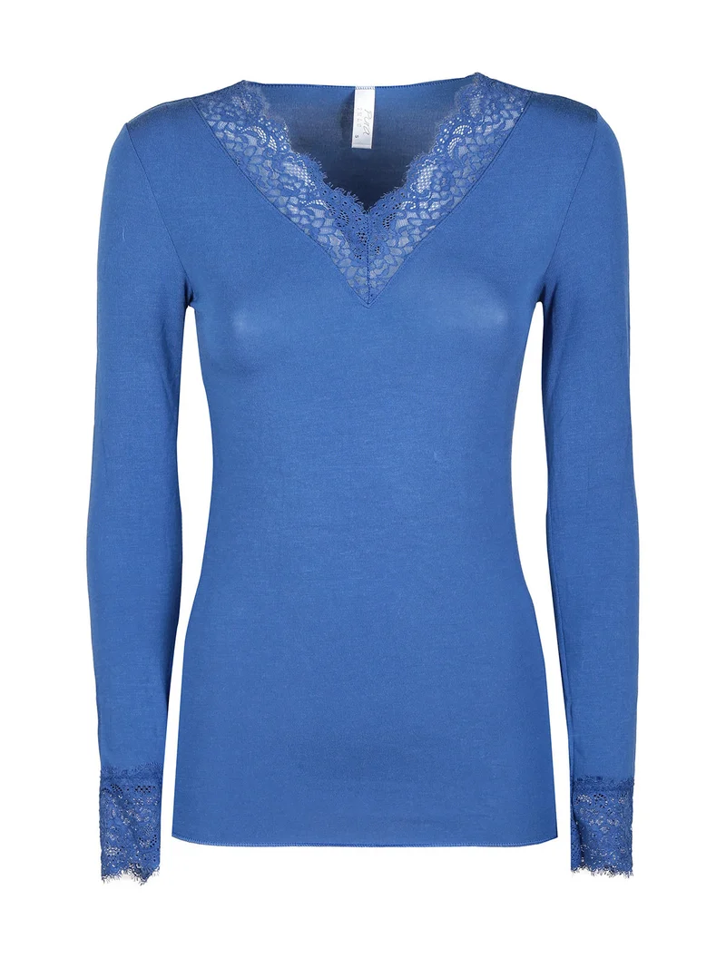 P0716M Maglia donna in cashmere con pizzo - blu