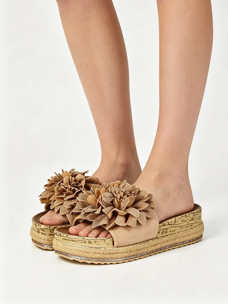 Ciabatte donna con fiore e platform - khaki