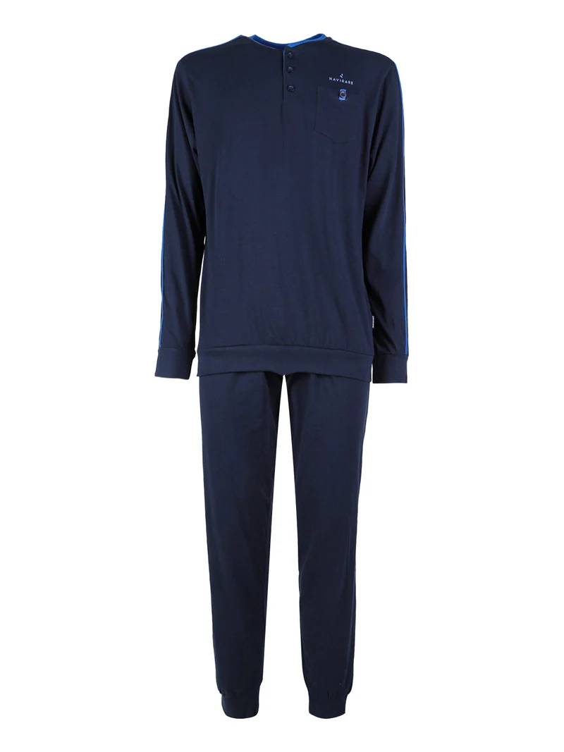 Pigiama lungo da uomo in cotone con taschino - blu scuro