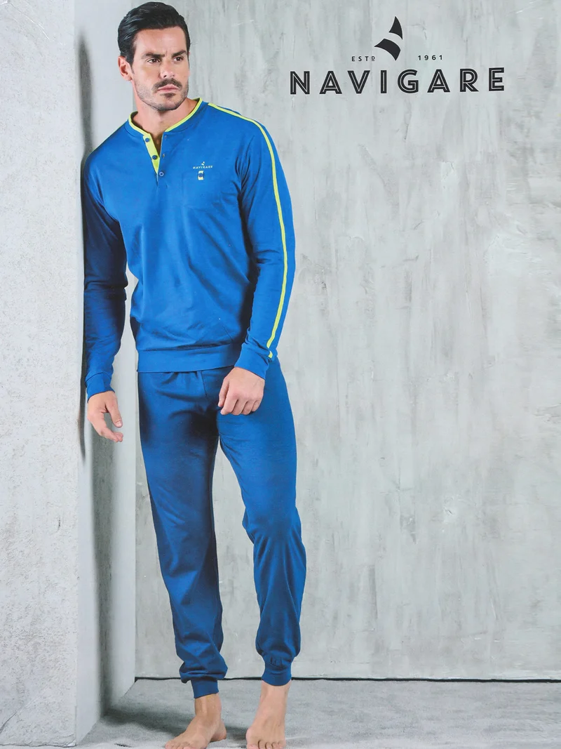 Pigiama lungo da uomo in cotone con taschino - blu scuro