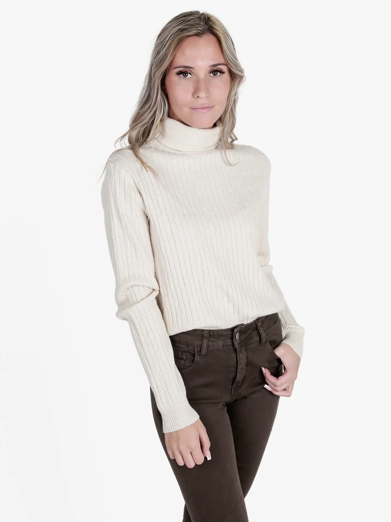 Maglia dolcevita da donna a trecce con micropaillettes luccicanti - naturale