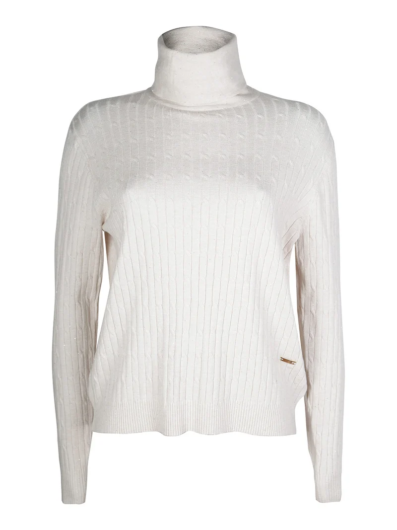 Maglia dolcevita da donna a trecce con micropaillettes luccicanti - naturale