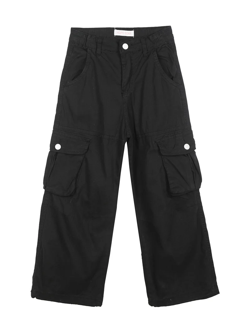 Pantaloni cargo da bambina in cotone con coulisse sul fondo - nero