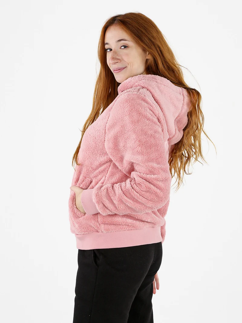 Felpa donna invernale con cappuccio e zip - rosa