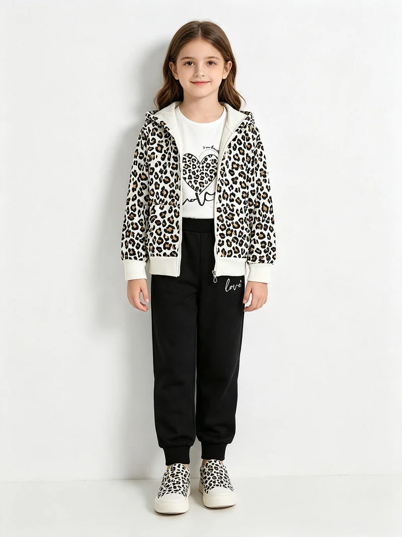 Completo tuta da bambina maculata 3 pezzi con cappuccio e zip - panna