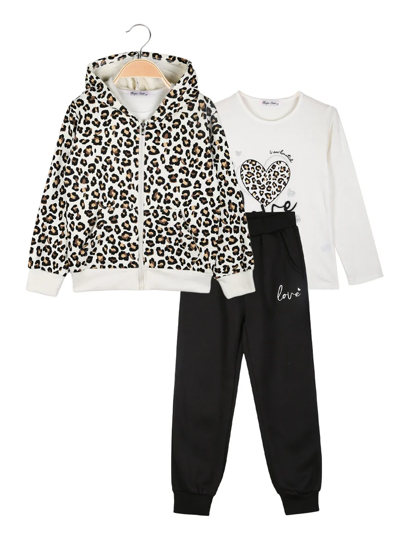 Completo tuta da bambina maculata 3 pezzi con cappuccio e zip - panna