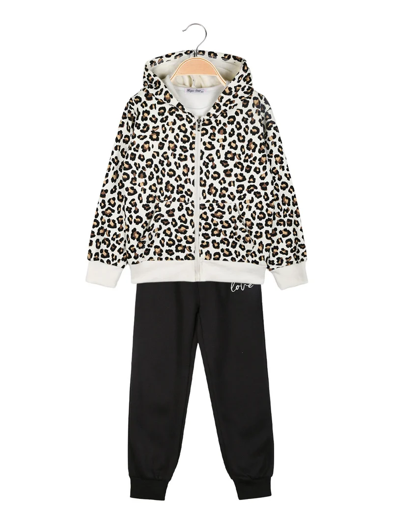 Completo tuta da bambina maculata 3 pezzi con cappuccio e zip - panna
