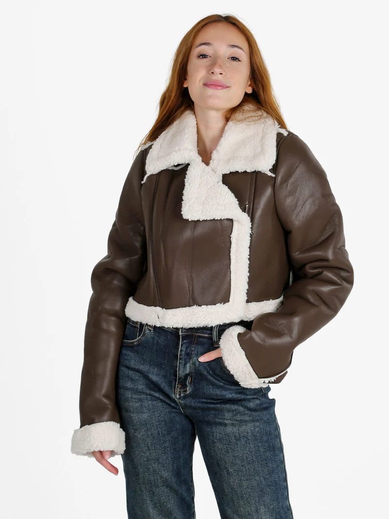 Giacca donna cropped pesante con pelliccia sintetica - moro