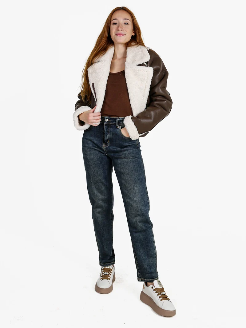 Giacca donna cropped pesante con pelliccia sintetica - moro