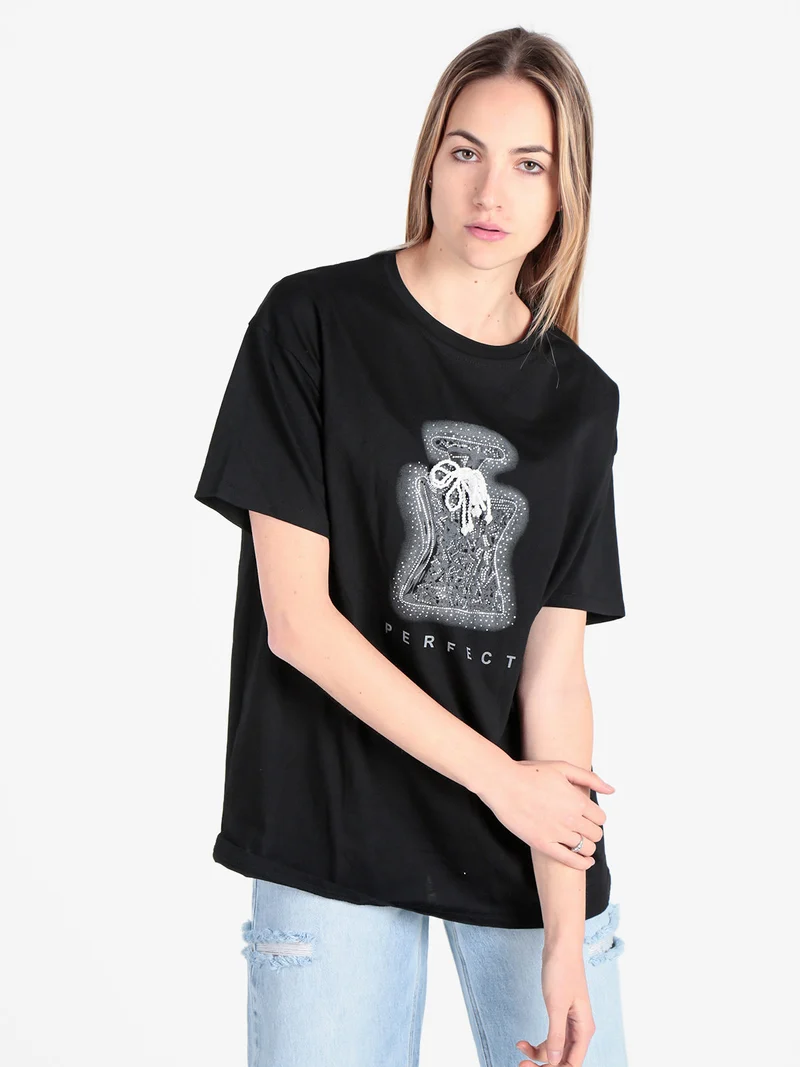 T-shirt donna in cotone con stampa e strass decorativi - nero