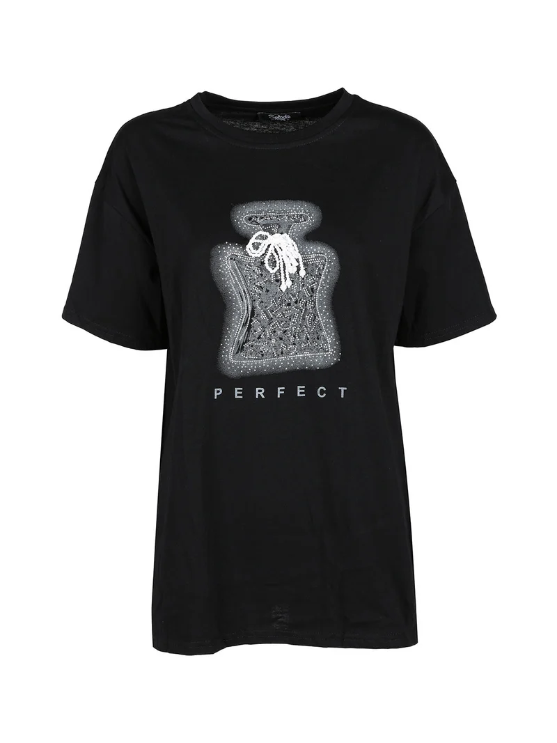 T-shirt donna in cotone con stampa e strass decorativi - nero