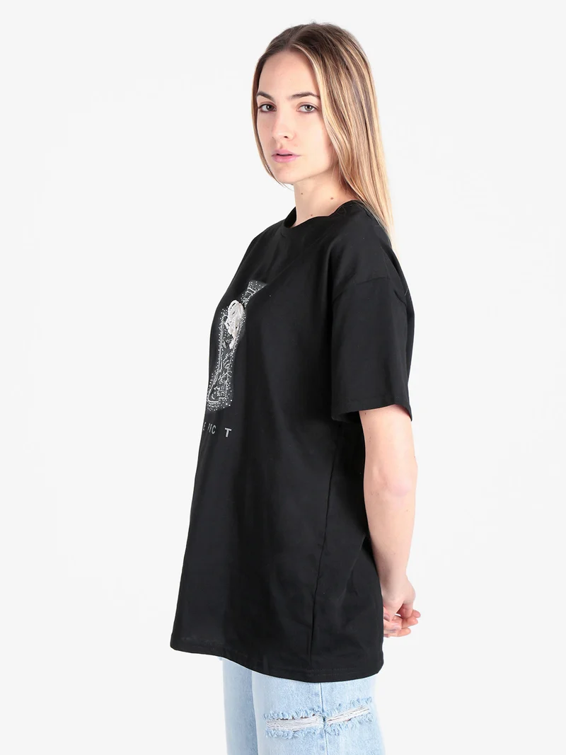 T-shirt donna in cotone con stampa e strass decorativi - nero