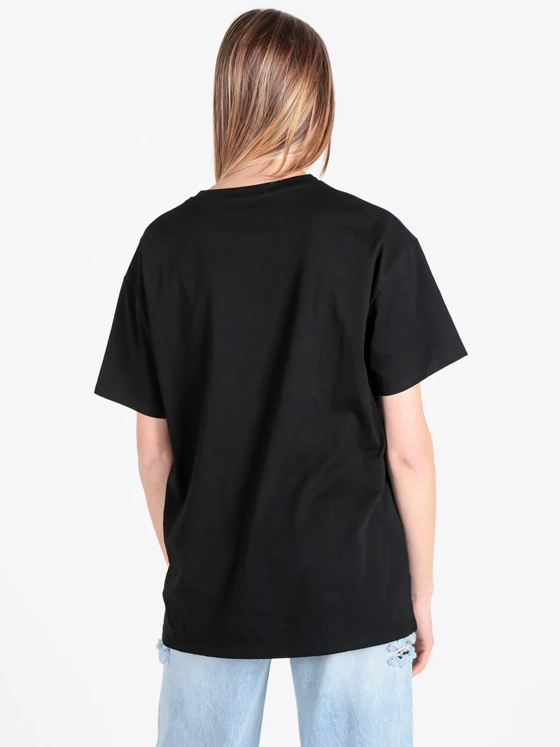 T-shirt donna in cotone con stampa e strass decorativi - nero