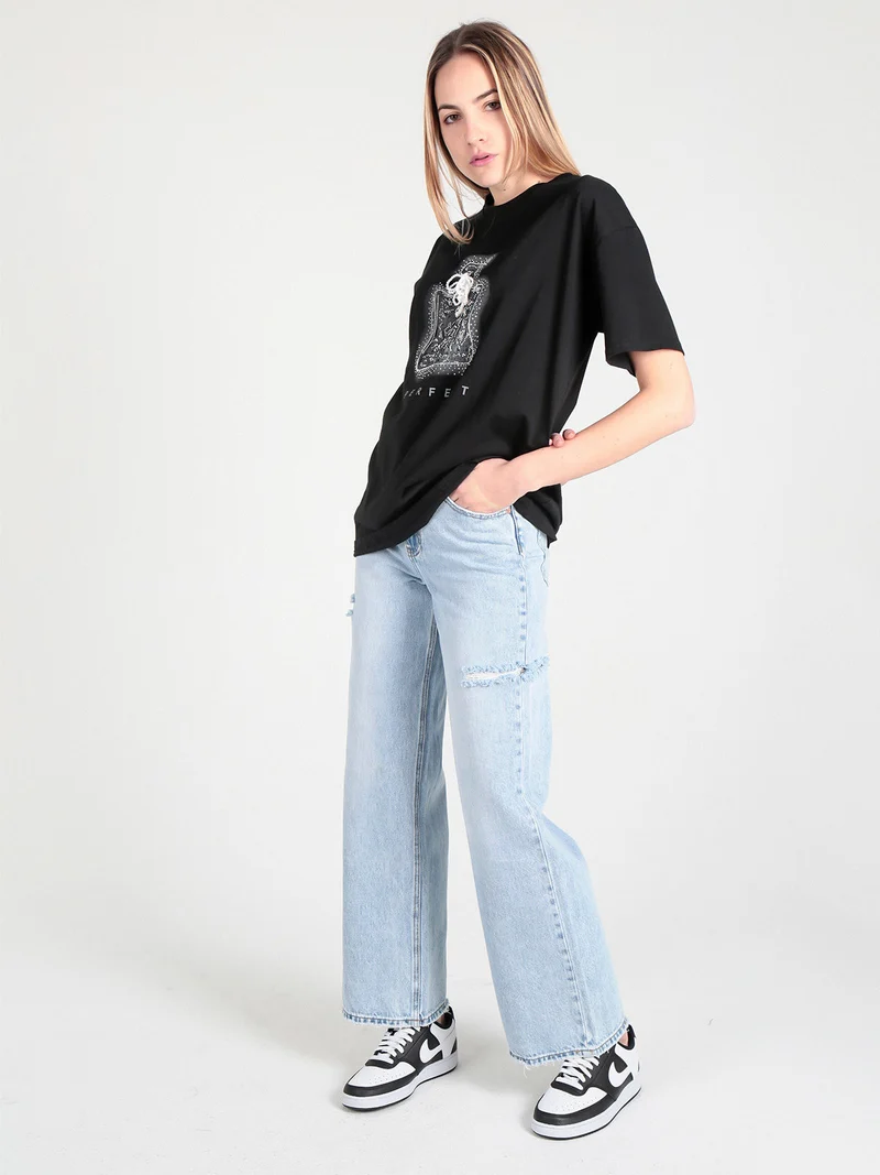 T-shirt donna in cotone con stampa e strass decorativi - nero