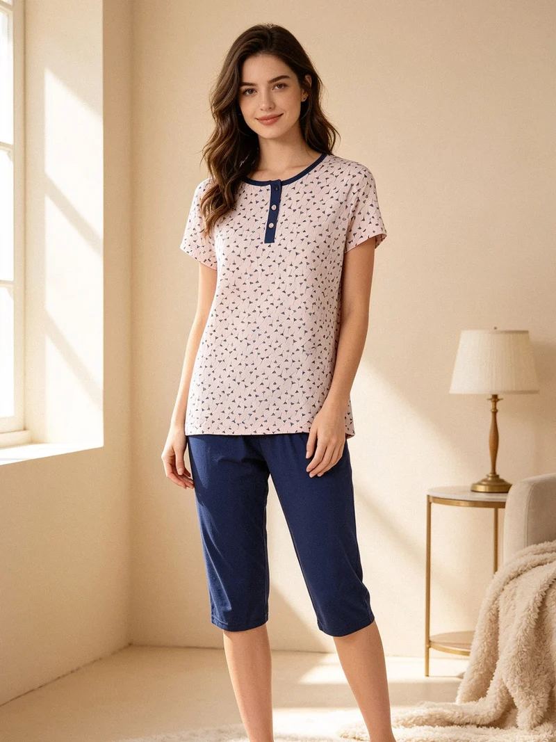 Pigiama donna in cotone a maniche corte e pantaloni a pinocchietto - blu