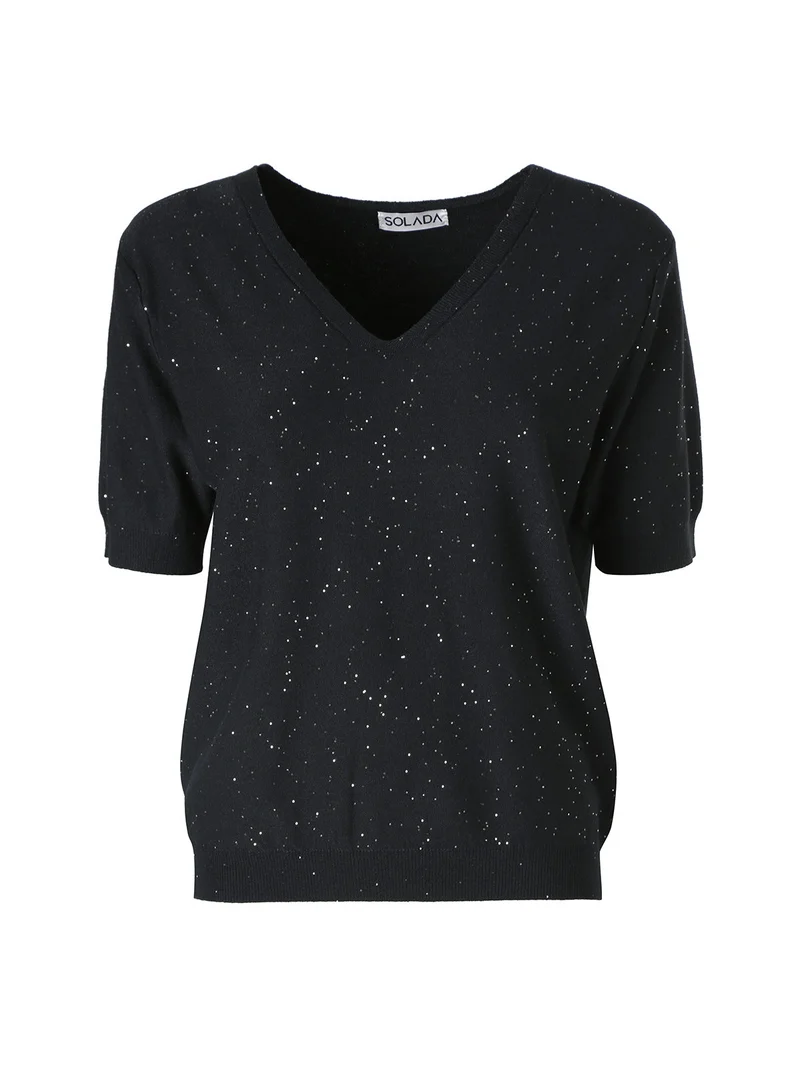 Maglia donna a maniche corte con scollo a V e mini paillettes - nero
